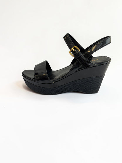 Prada Sport Black Patent Leather Platform Wedge Sandals — Size 37.5