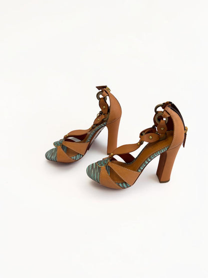 Missoni Vacchetta Nappa Heels in Caramel & Turquoise — Size 38