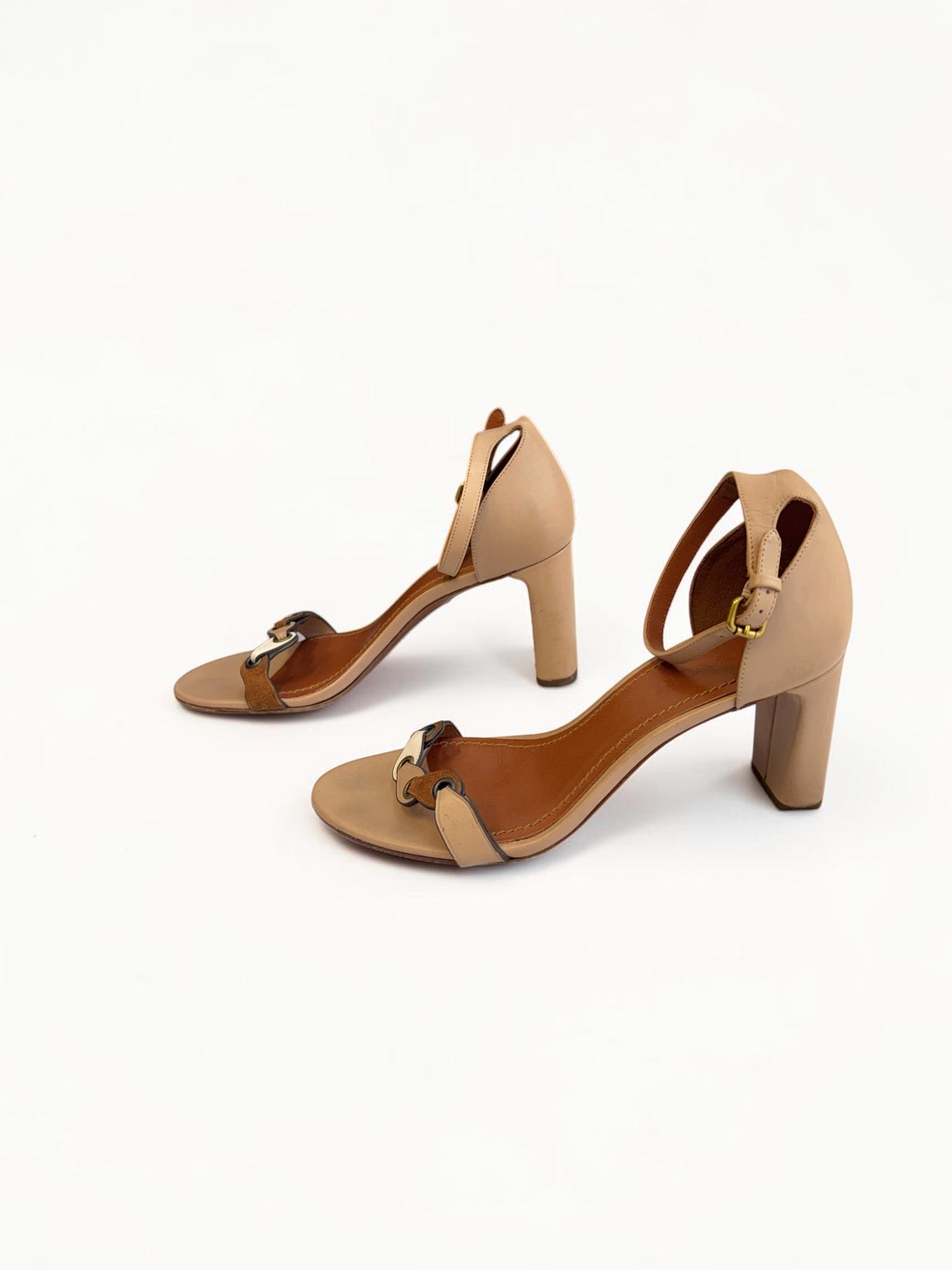 Coach Link Chunky Heeled Leather Sandal in Tan — Size 6/39