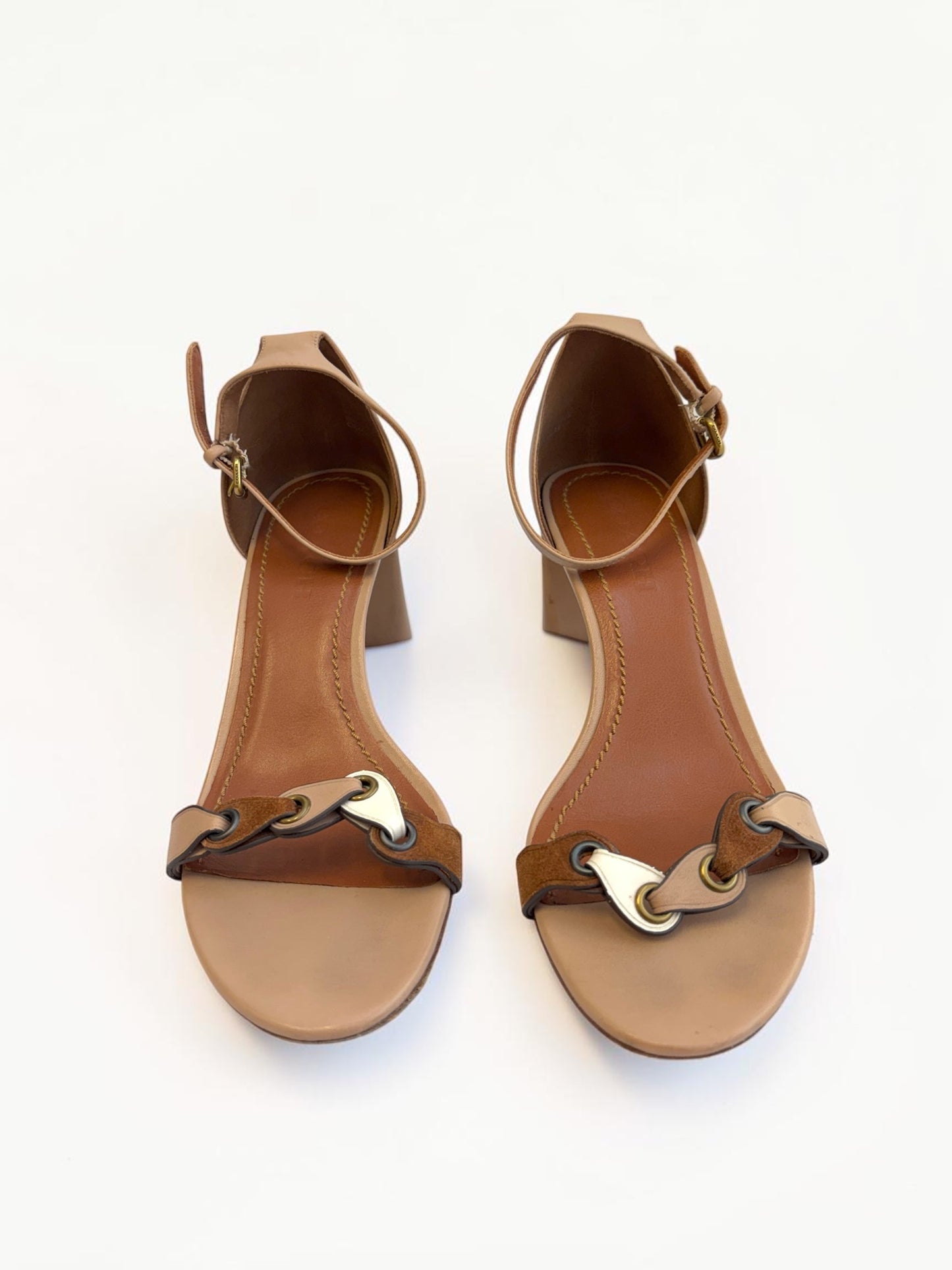 Coach Link Chunky Heeled Leather Sandal in Tan — Size 6/39