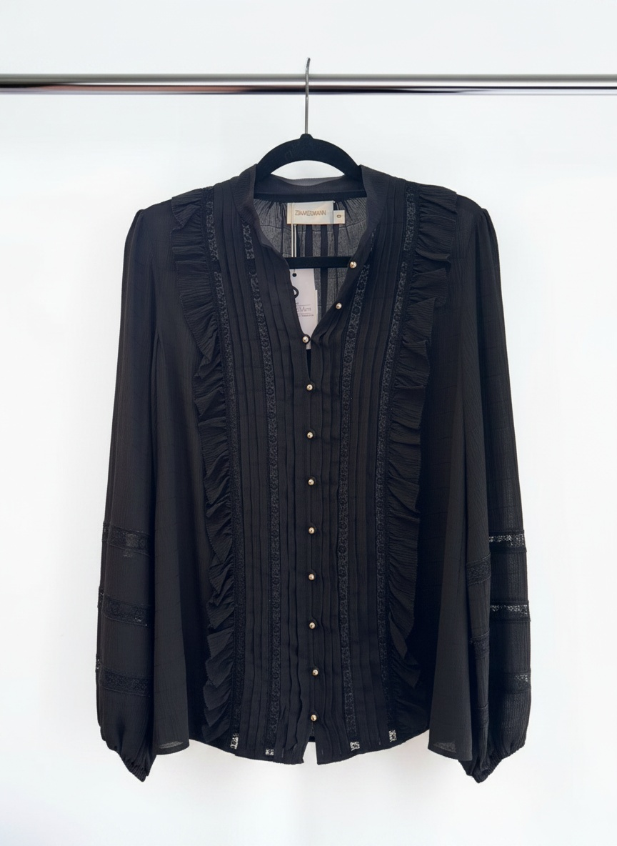 Zimmermann Halliday Lace Trim Shirt in Black – Size 0