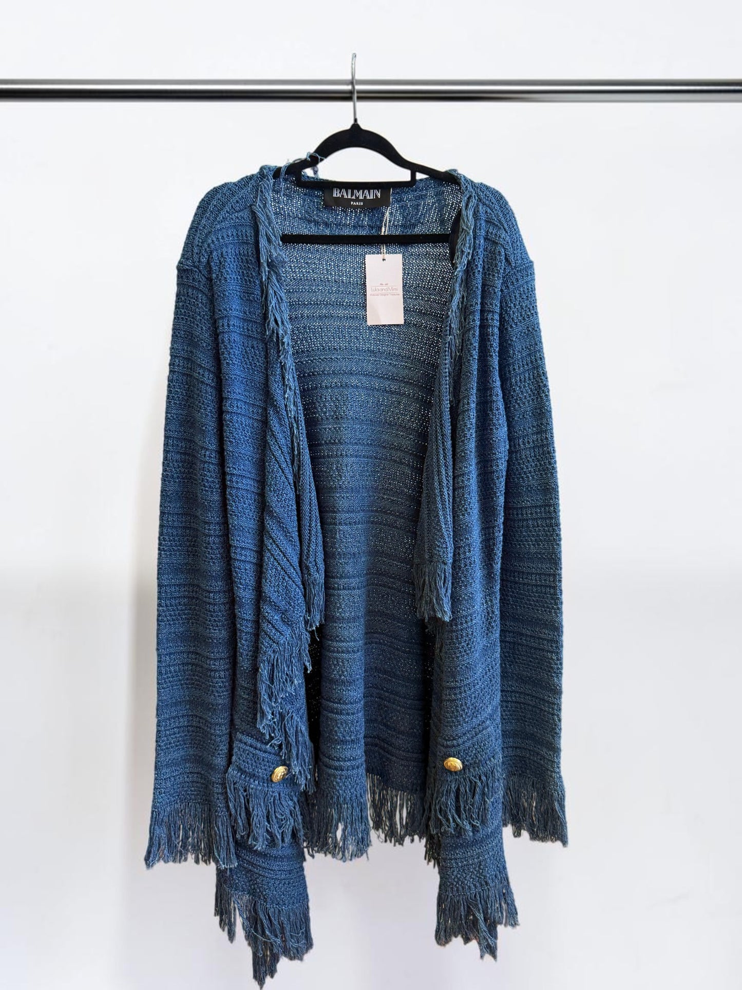 Balmain Blue Fringed Open-Front Cardigan – Size L