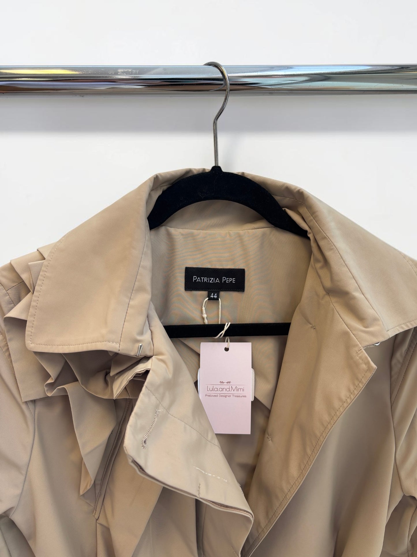 Patrizia Pepe Trench Coat with Ruffle Shoulder – Size 44 (fits Small)