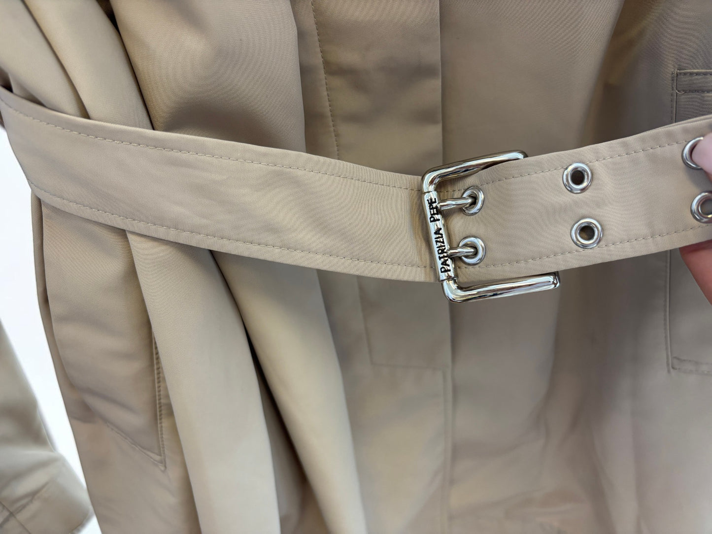 Patrizia Pepe Trench Coat with Ruffle Shoulder – Size 44 (fits Small)