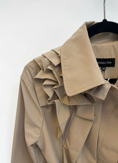 Patrizia Pepe Trench Coat with Ruffle Shoulder – Size 44 (fits Small)