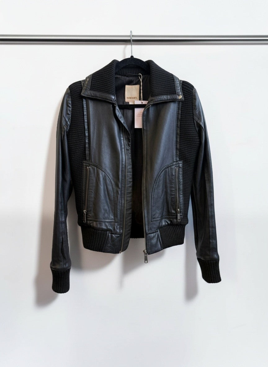 Diesel Black Leather Biker Jacket with Rib Knit Panels — Size S