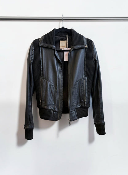 Diesel Black Leather Biker Jacket with Rib Knit Panels — Size S