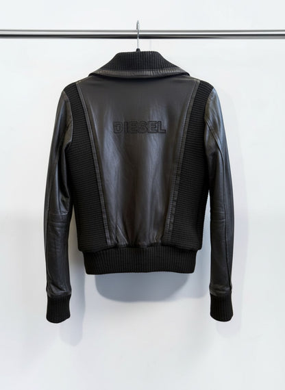 Diesel Black Leather Biker Jacket with Rib Knit Panels — Size S