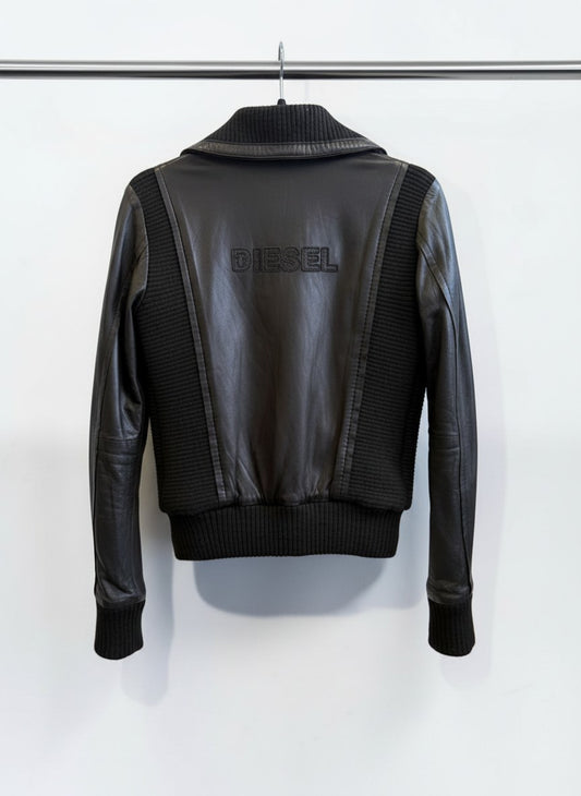 Diesel Black Leather Biker Jacket with Rib Knit Panels — Size S