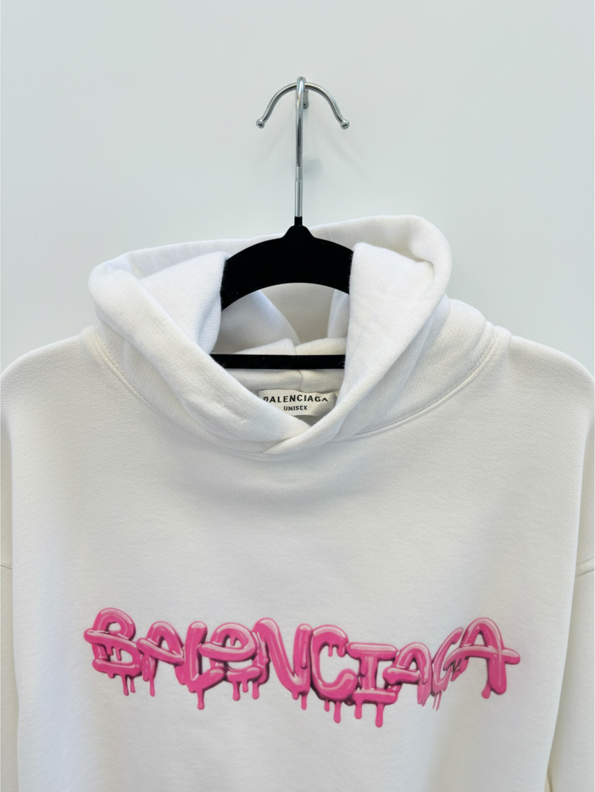Balenciaga Wide Fit Hoodie – White & Bubblegum – Size 1