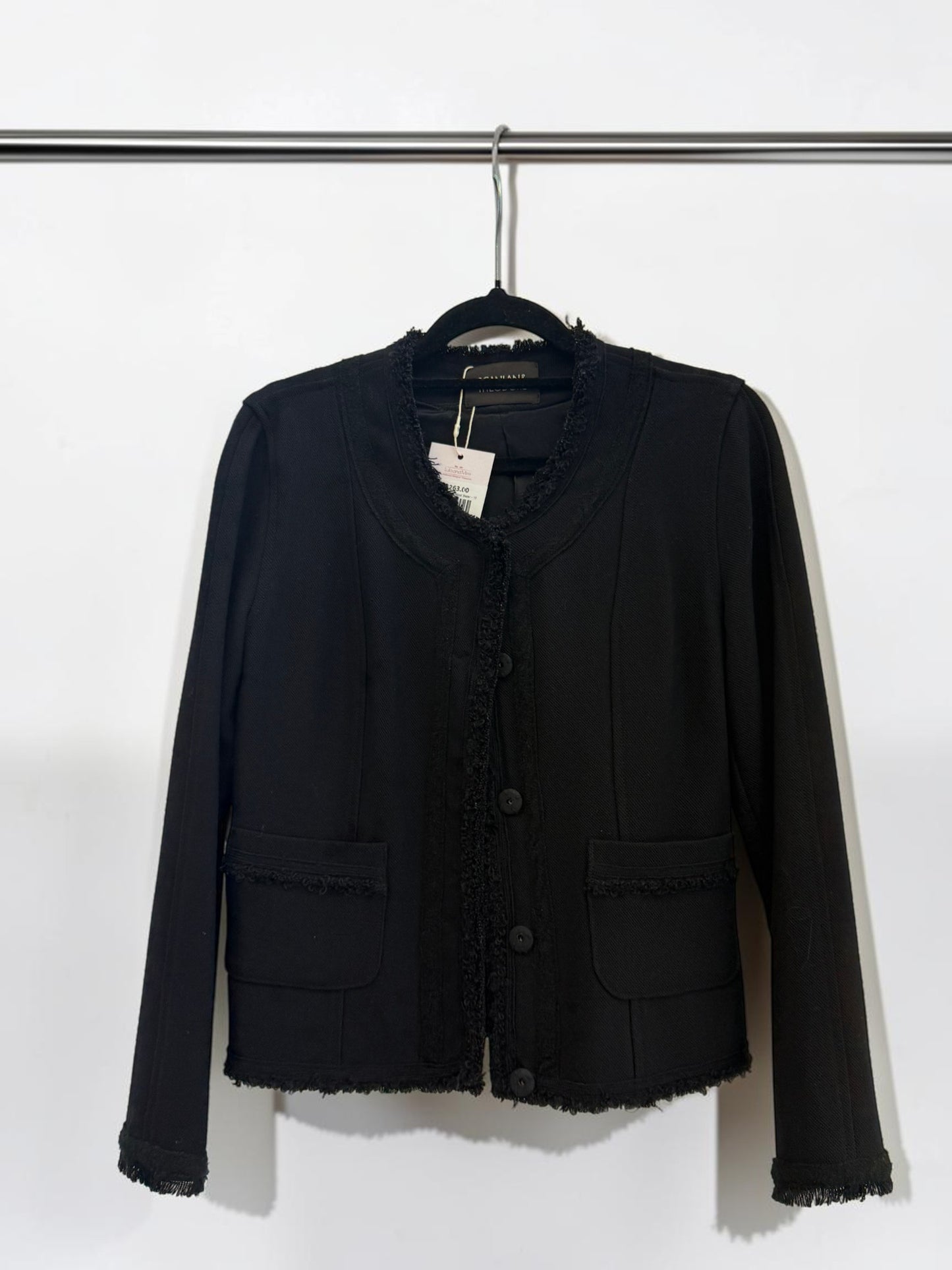 Scanlan Theodore Black Tweed Jacket with Fringe Trim — Size 10