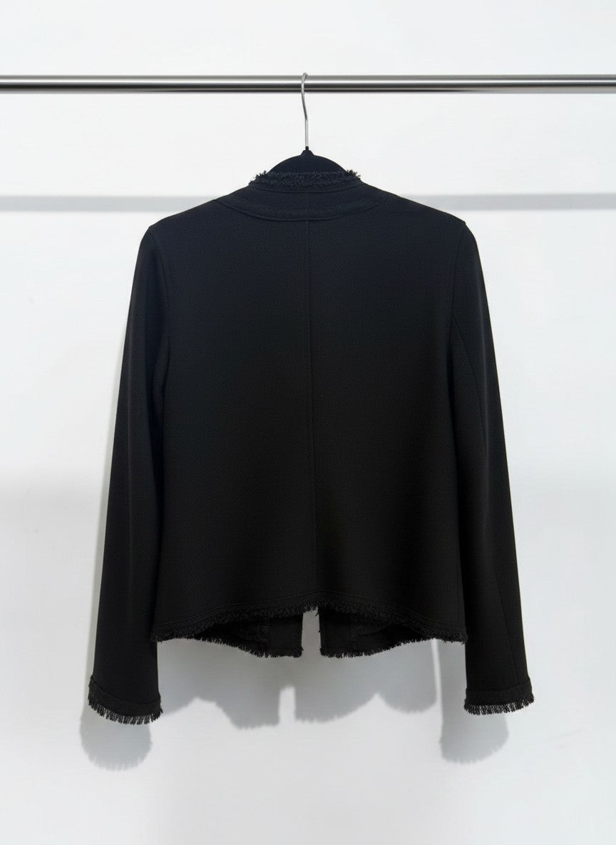 Scanlan Theodore Black Tweed Jacket with Fringe Trim — Size 10