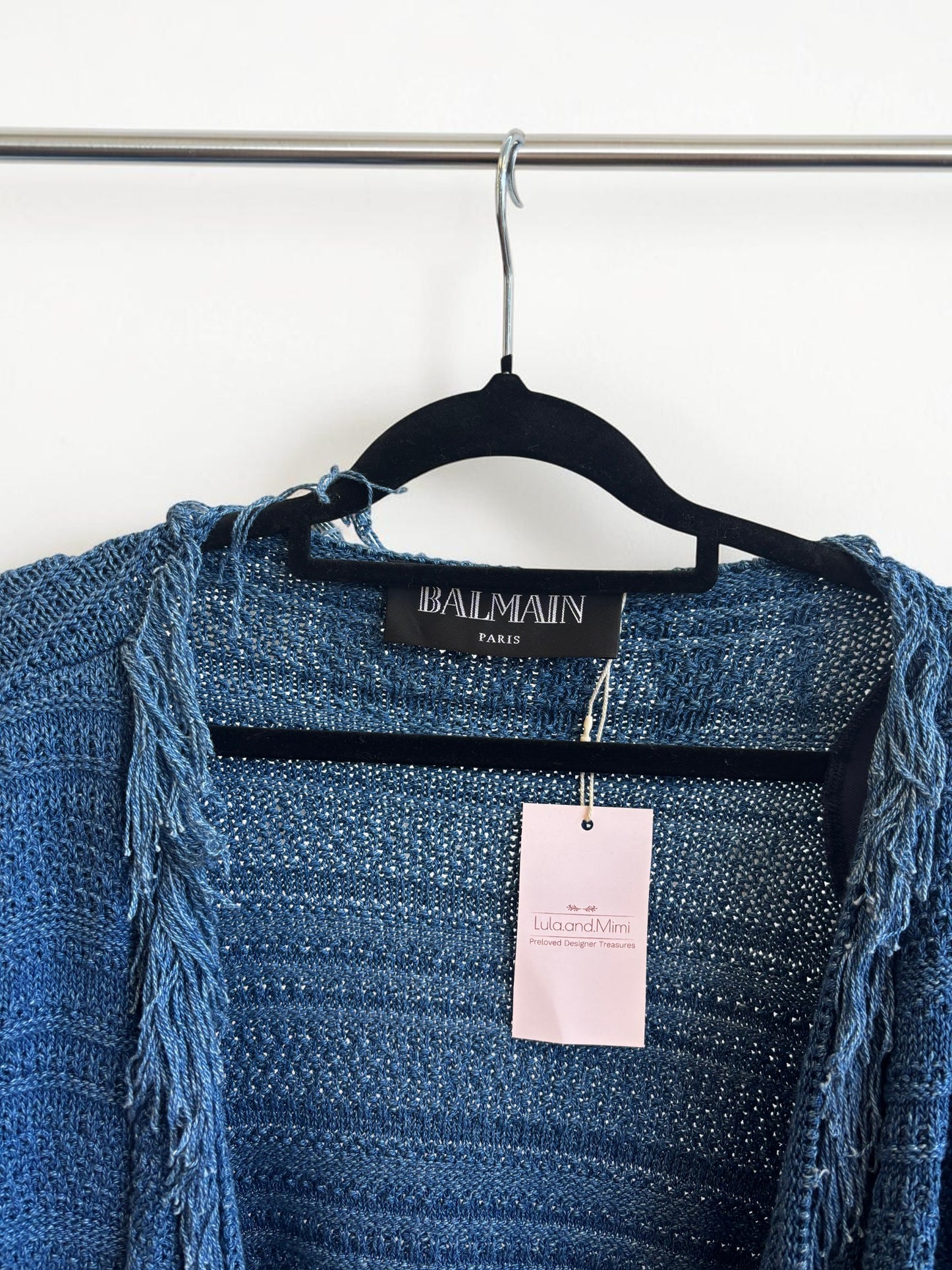 Balmain Blue Fringed Open-Front Cardigan – Size L