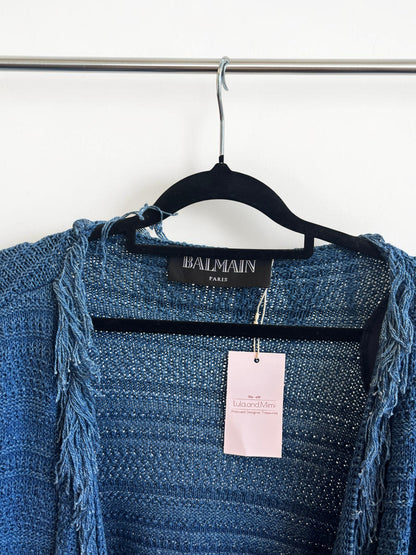 Balmain Blue Fringed Open-Front Cardigan – Size L
