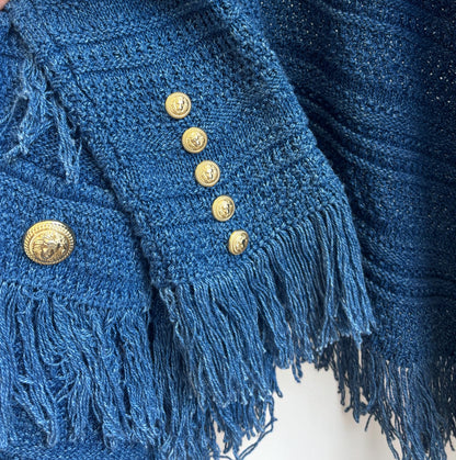 Balmain Blue Fringed Open-Front Cardigan – Size L