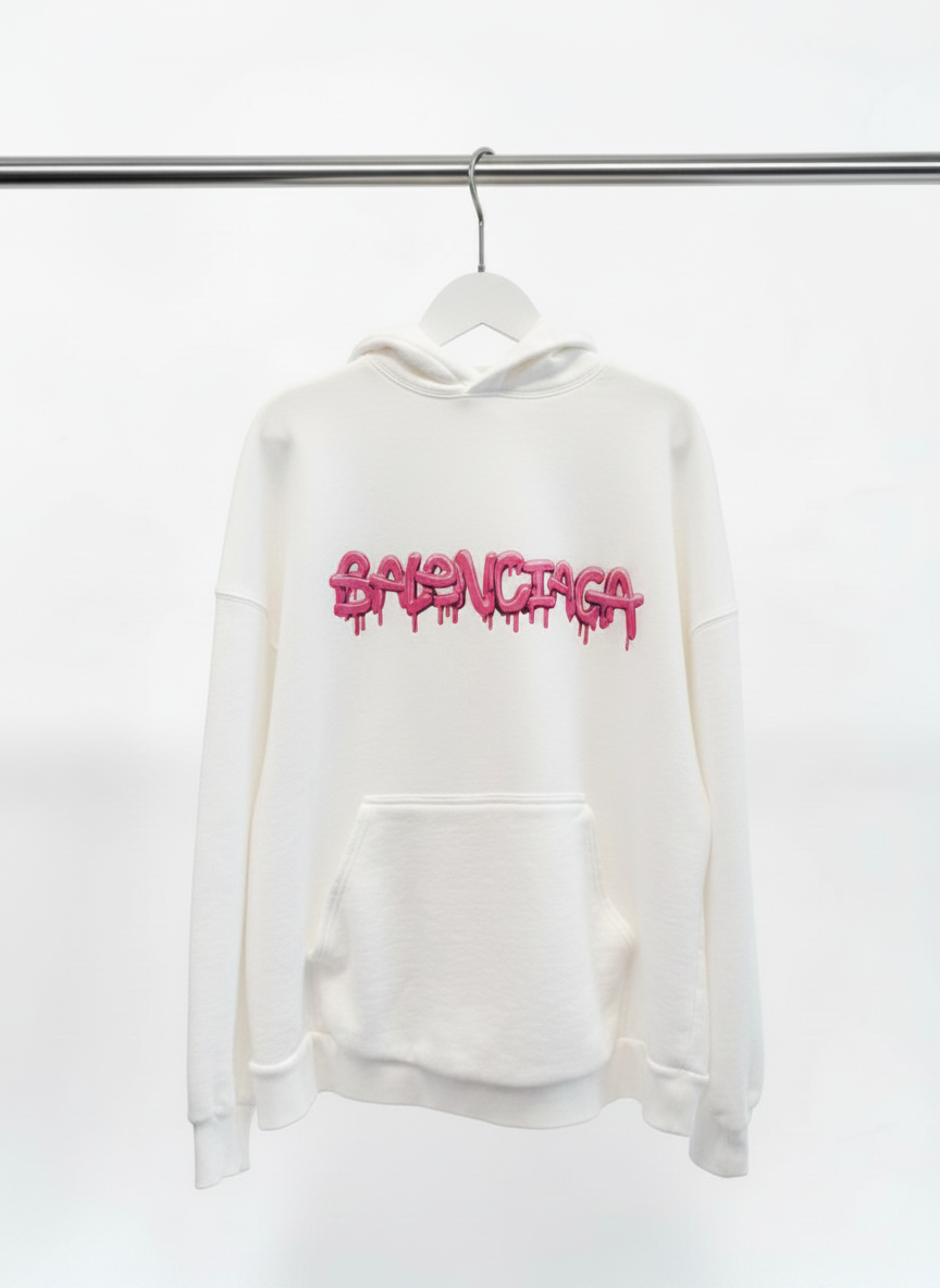 Balenciaga Wide Fit Hoodie – White & Bubblegum – Size 1