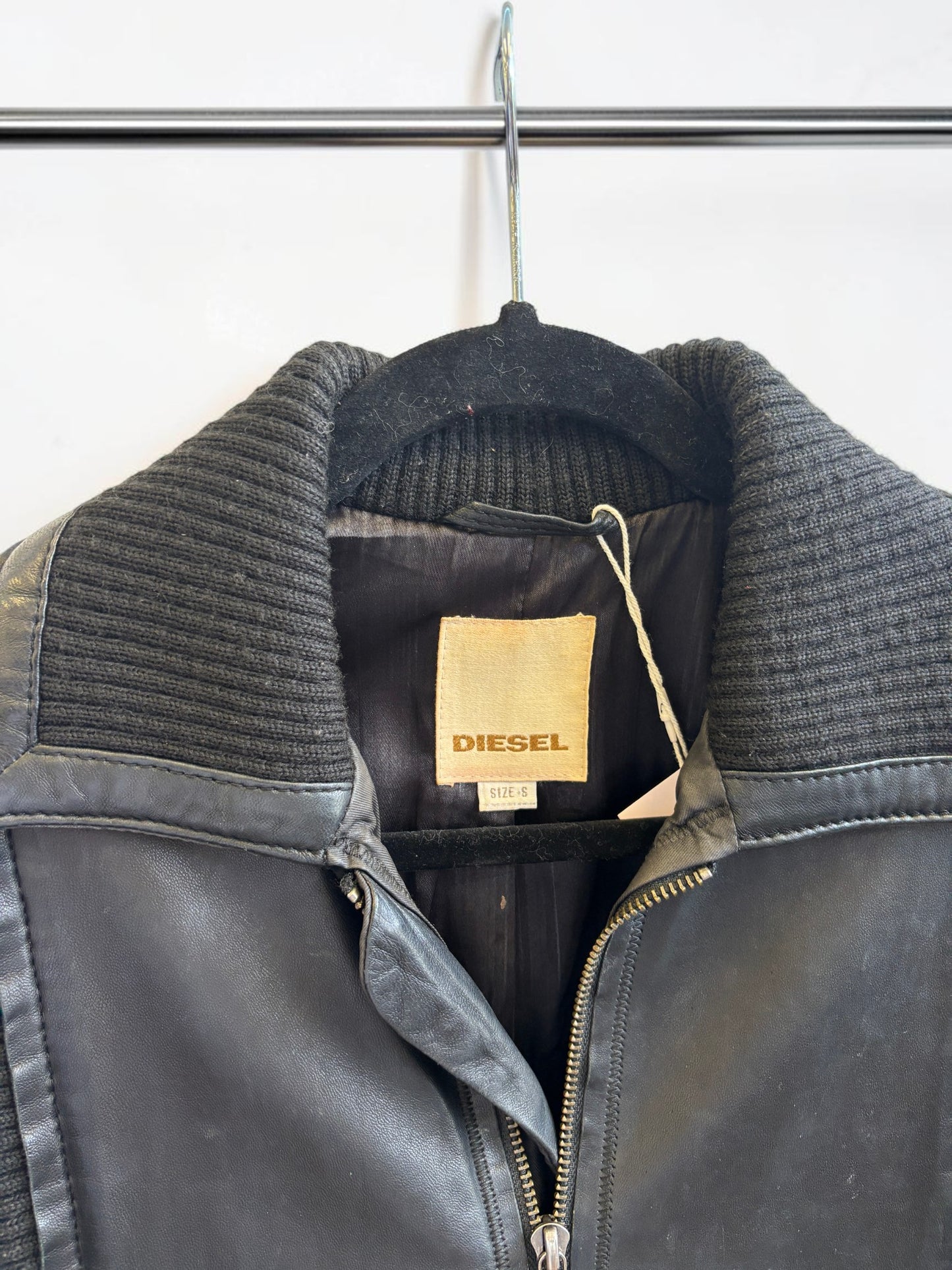 Diesel Black Leather Biker Jacket with Rib Knit Panels — Size S