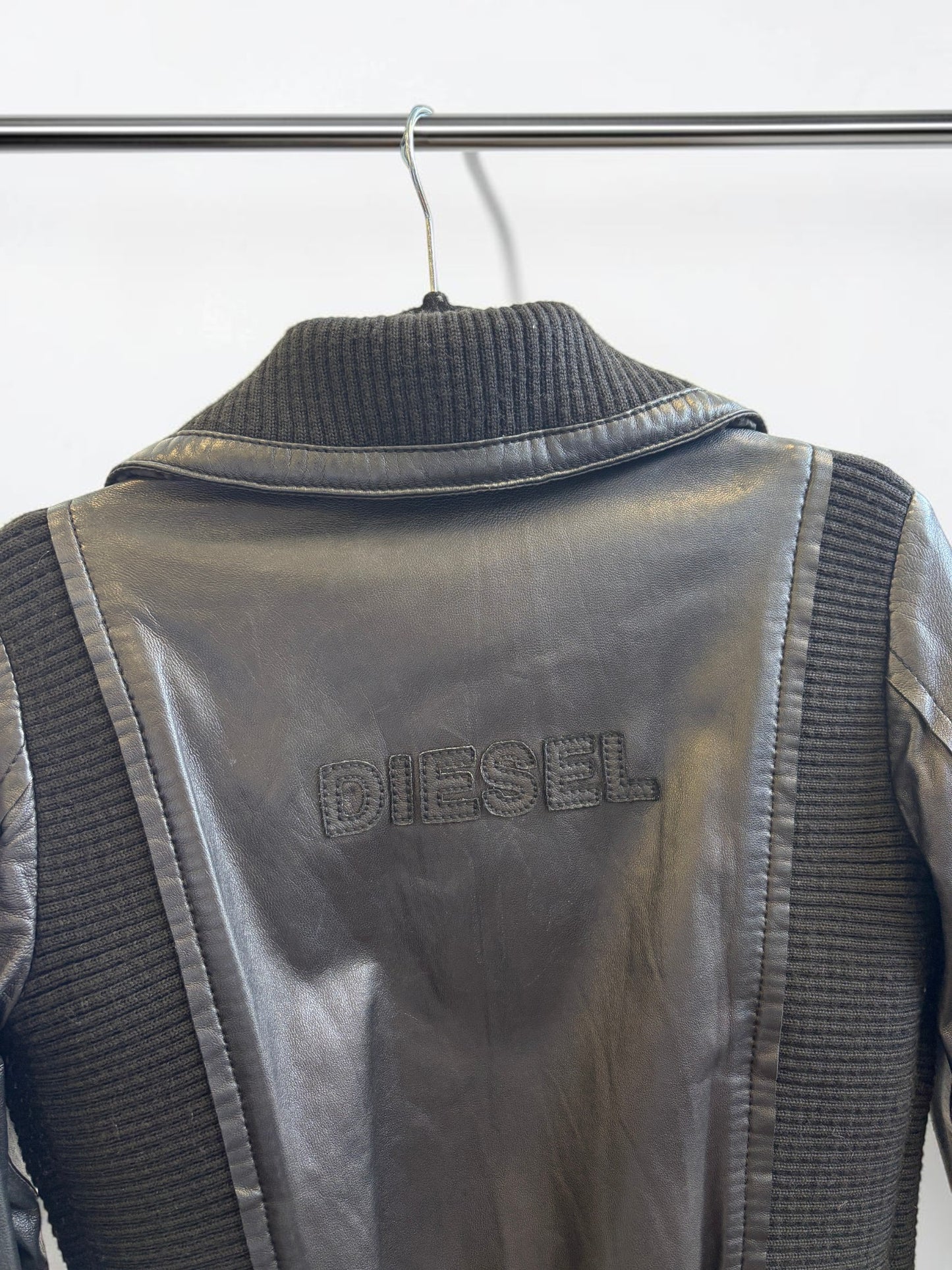 Diesel Black Leather Biker Jacket with Rib Knit Panels — Size S