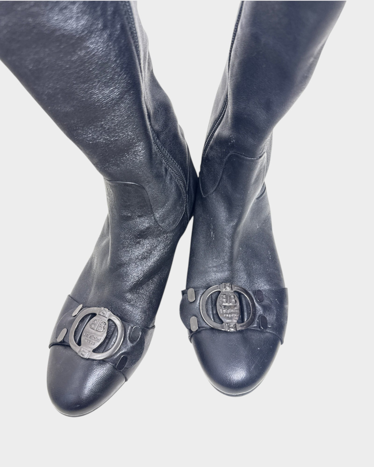 Lula and Mimi Baldinini Trend black leather knee-high boots featuring signature silver logo hardware