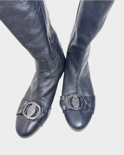 Lula and Mimi Baldinini Trend black leather knee-high boots featuring signature silver logo hardware