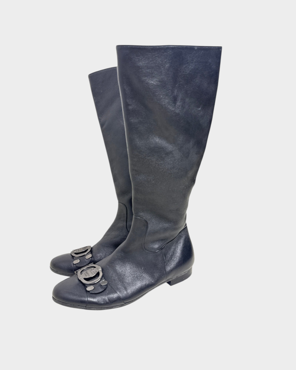 Lula and Mimi Baldinini Trend black leather knee-high boots featuring signature logo hardware details