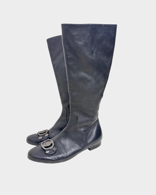 Lula and Mimi Baldinini Trend black leather knee-high boots featuring signature logo hardware details