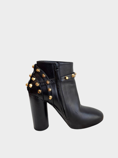 Lula and Mimi Balenciaga black leather ankle boots with gold stud embellishments and a high block heel