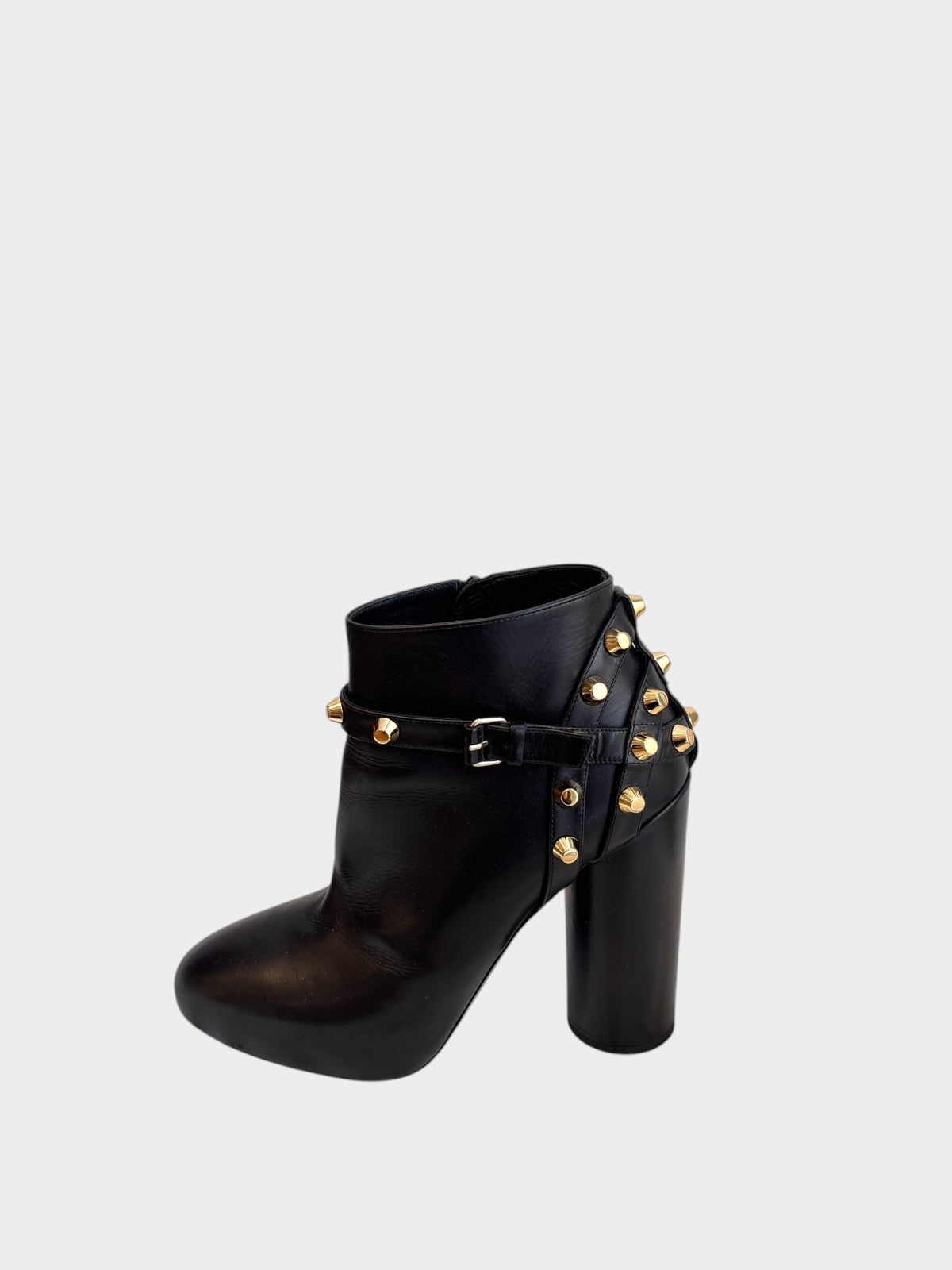 Lula and Mimi Balenciaga black leather ankle boots featuring gold-tone studs, a buckled strap, and a chunky block heel.