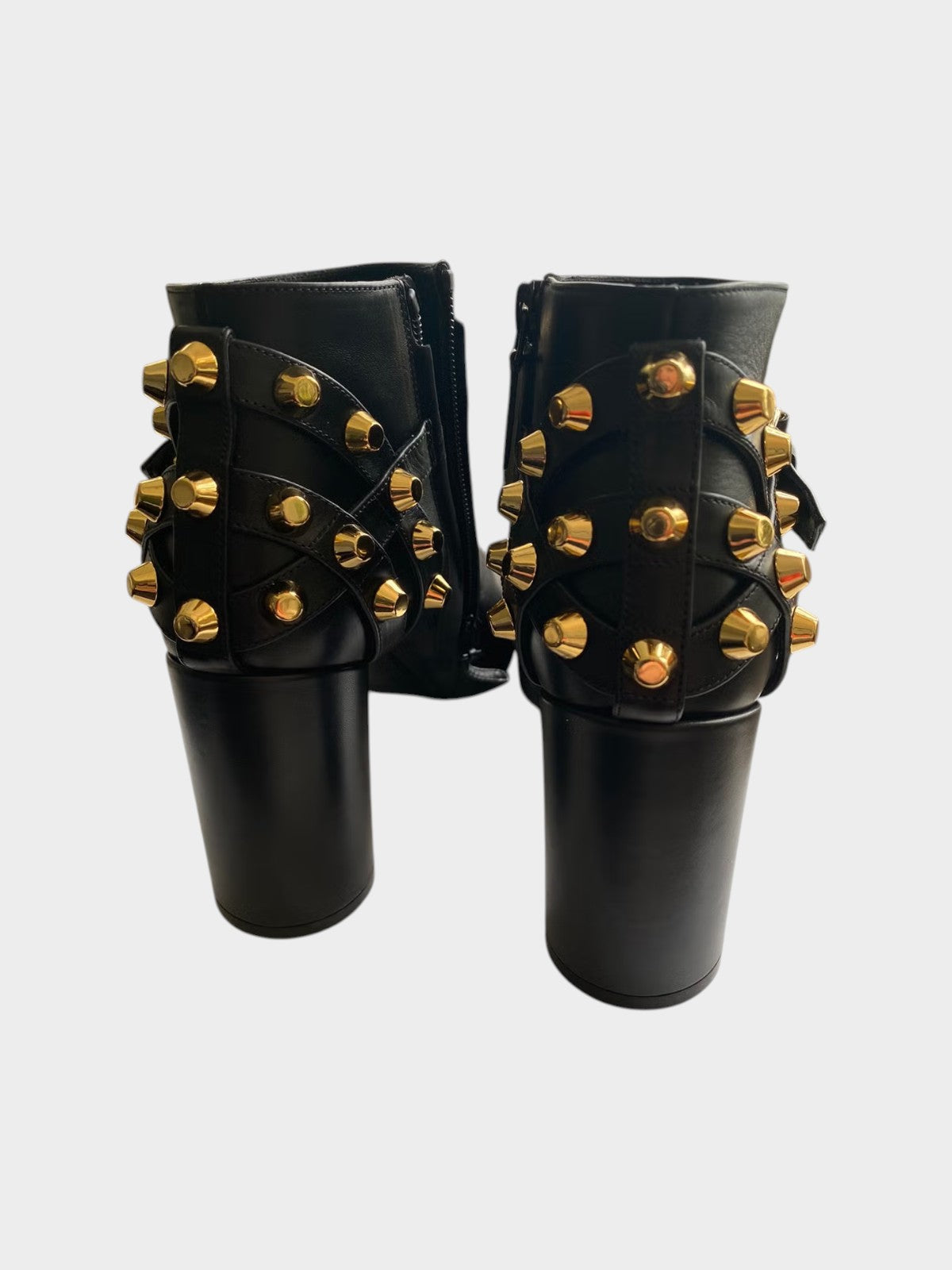 Lula and Mimi black leather ankle boots featuring gold-tone pyramid studs and a chunky block heel