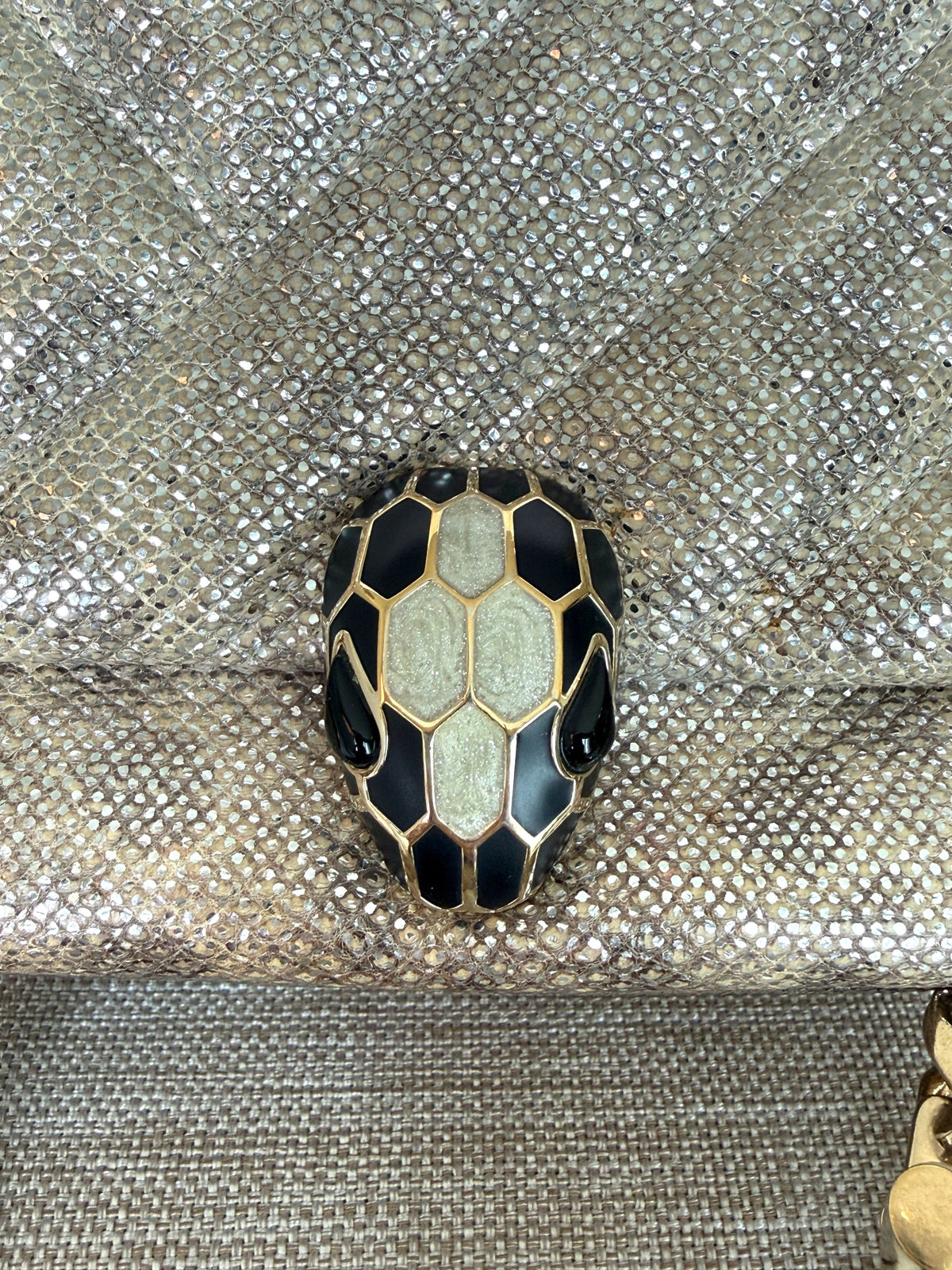 Lula and Mimi Bvlgari Serpenti Cabochon bag in metallic Milky Opal Beige karung skin with enamel snakehead clasp