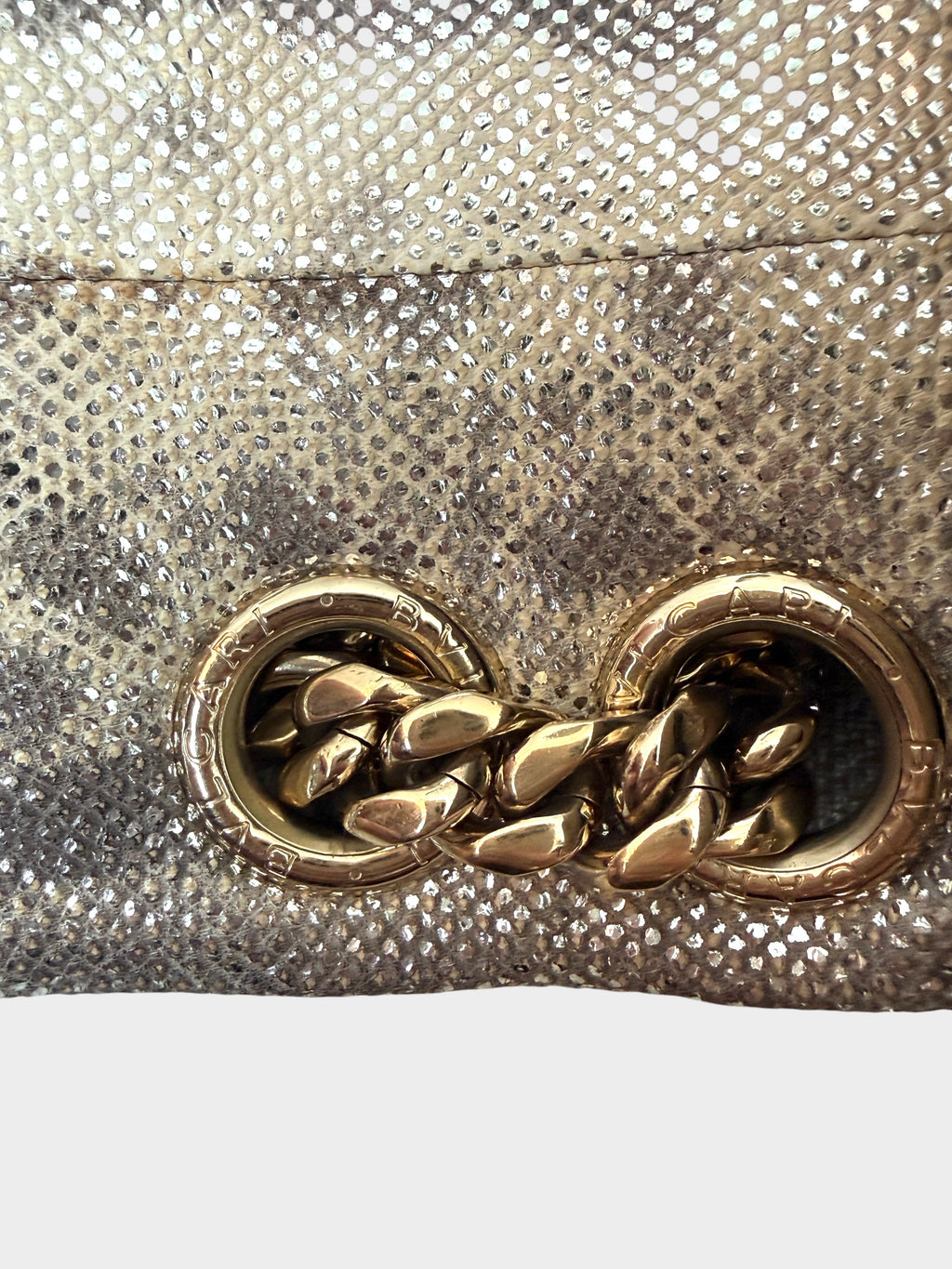 Lula and Mimi Bvlgari Serpenti Cabochon bag featuring metallic Milky Opal Beige karung skin and gold chain hardware