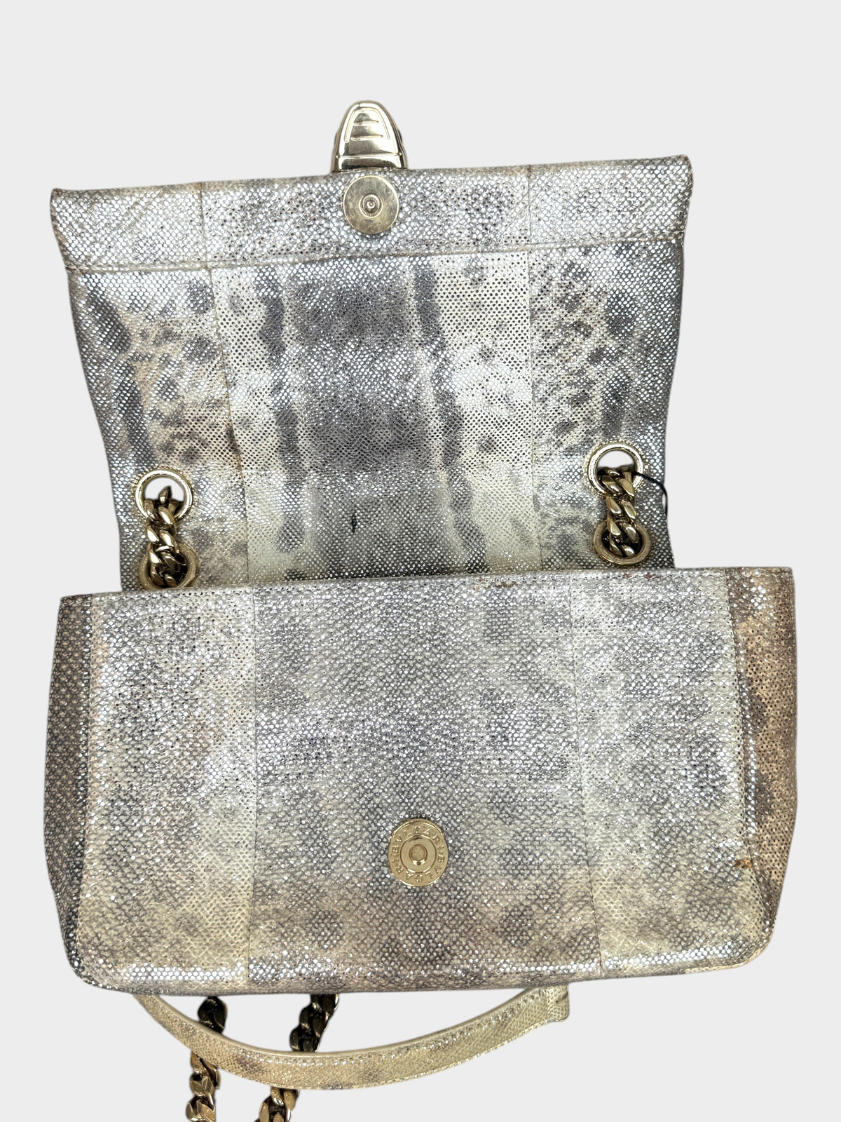 Lula and Mimi Bvlgari Serpenti Cabochon small shoulder bag in metallic Milky Opal Beige karung skin with gold hardware