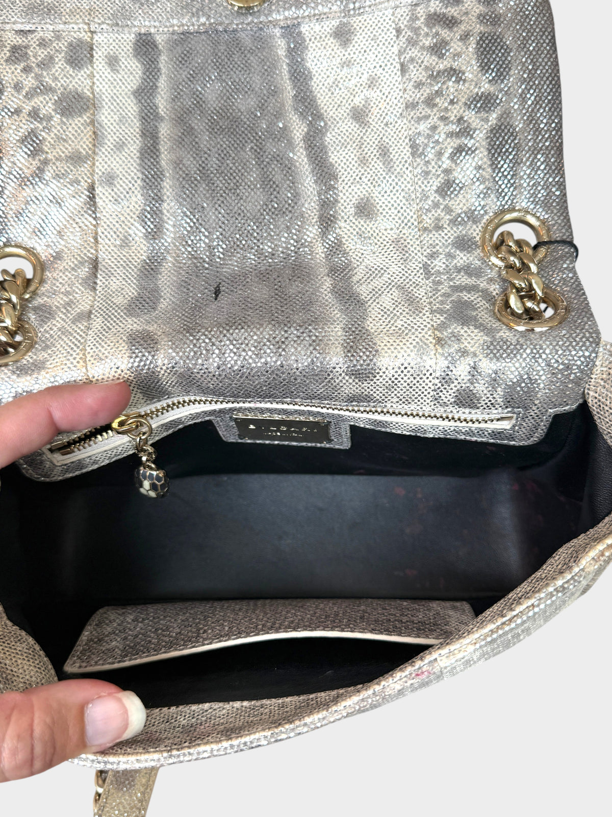 Lula and Mimi Bvlgari Serpenti Cabochon small shoulder bag in metallic milky opal beige karung skin with gold chain