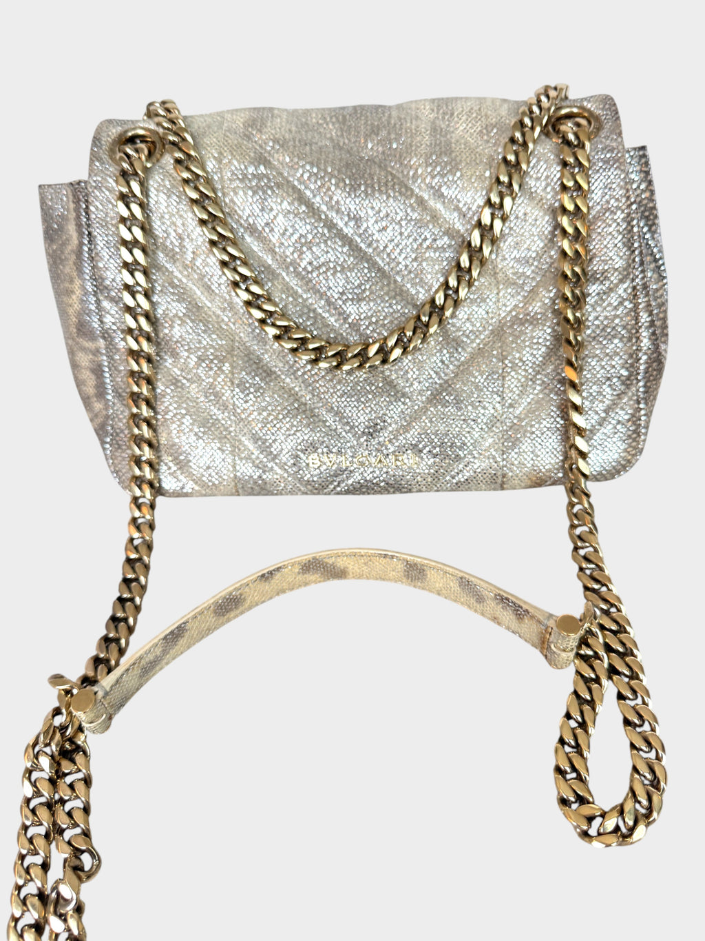 Lula and Mimi Bvlgari Serpenti Cabochon small shoulder bag in metallic Milky Opal Beige karung skin with gold chain