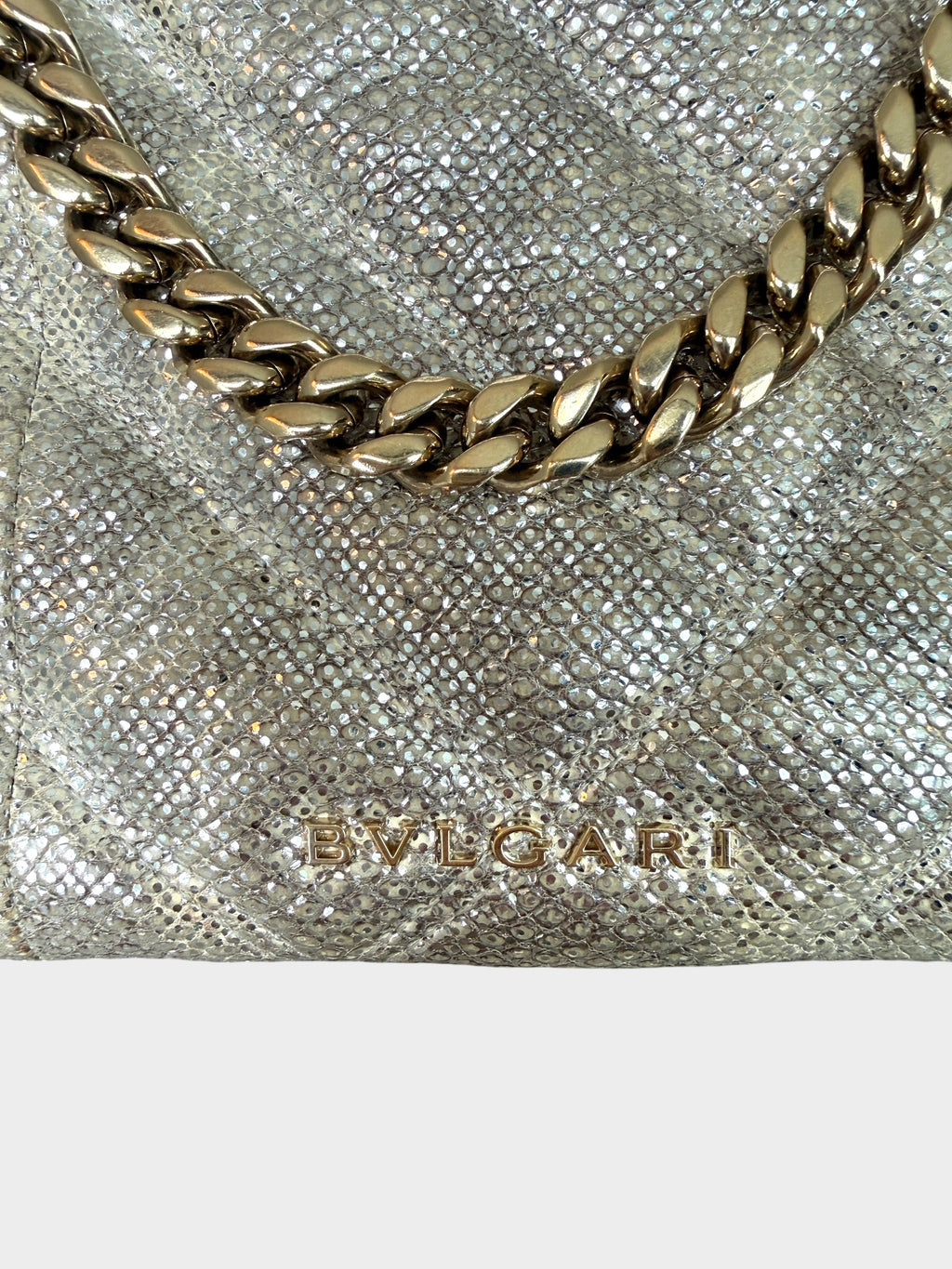 Lula and Mimi Bvlgari Serpenti Cabochon small shoulder bag in metallic milky opal beige karung skin with gold chain