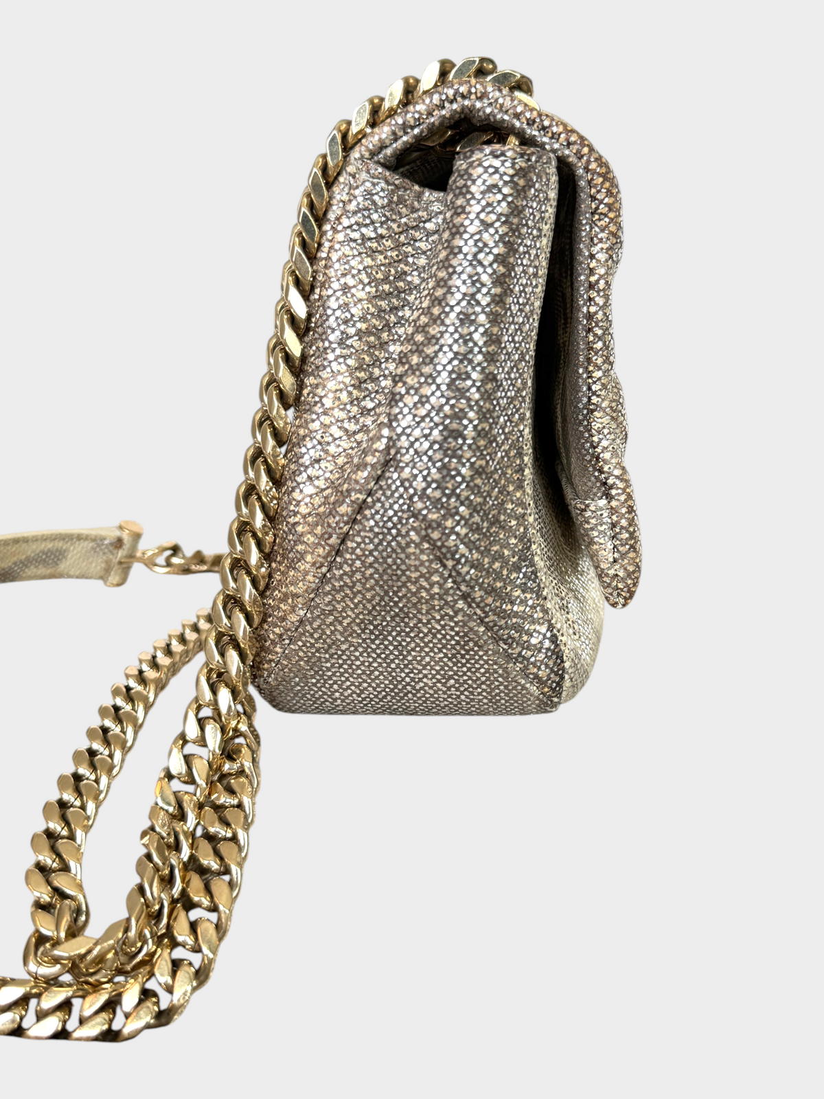 Lula and Mimi Bvlgari Serpenti Cabochon small shoulder bag in metallic milky opal beige karung skin with gold chain