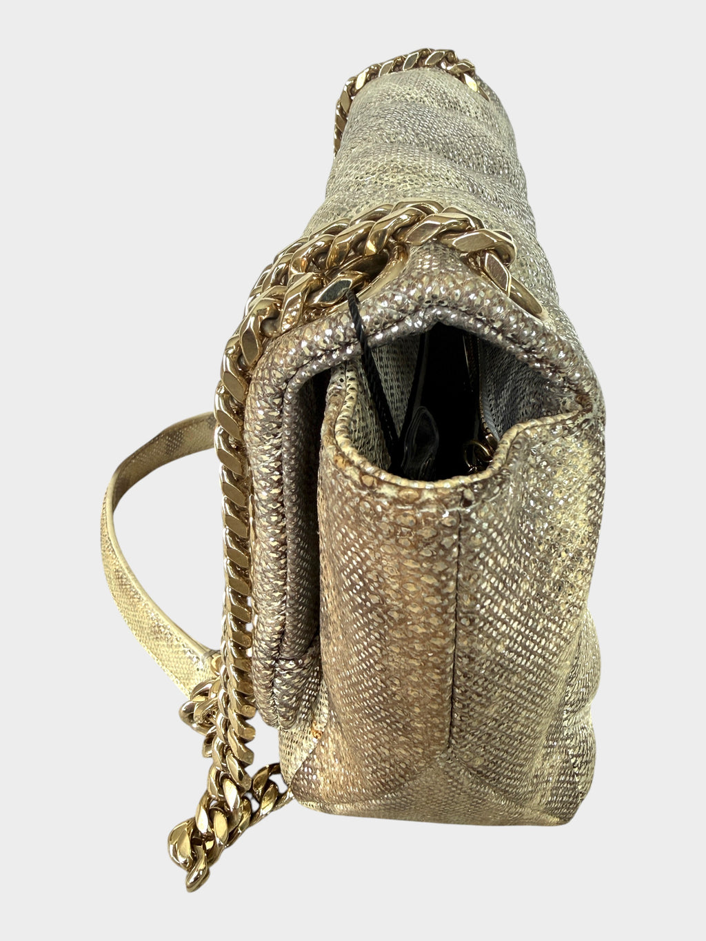 Lula and Mimi Bvlgari Serpenti Cabochon small shoulder bag in metallic Milky Opal Beige karung skin with gold chain