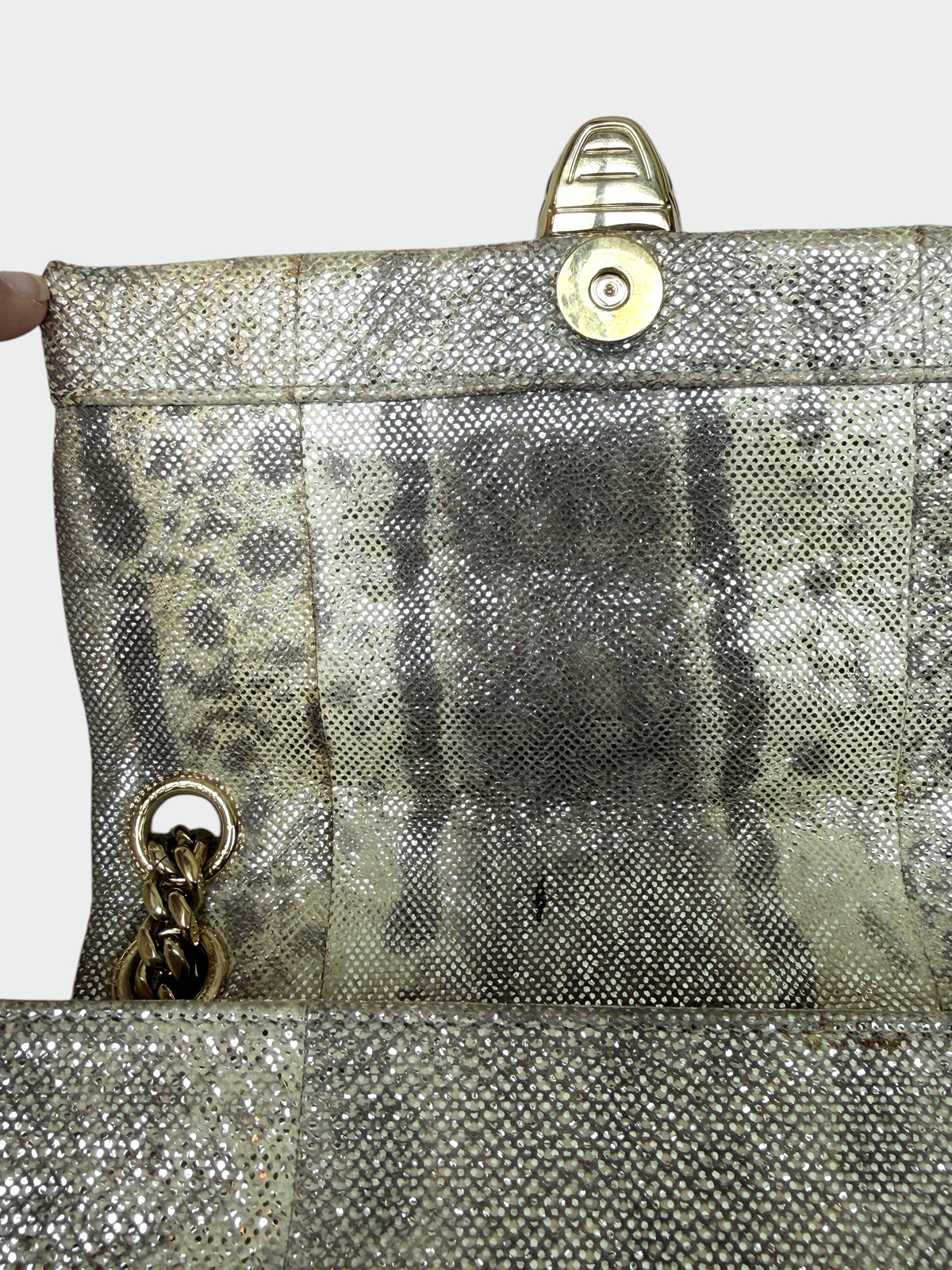 Lula and Mimi Bvlgari Serpenti Cabochon small shoulder bag in metallic Milky Opal Beige karung skin with gold hardware.