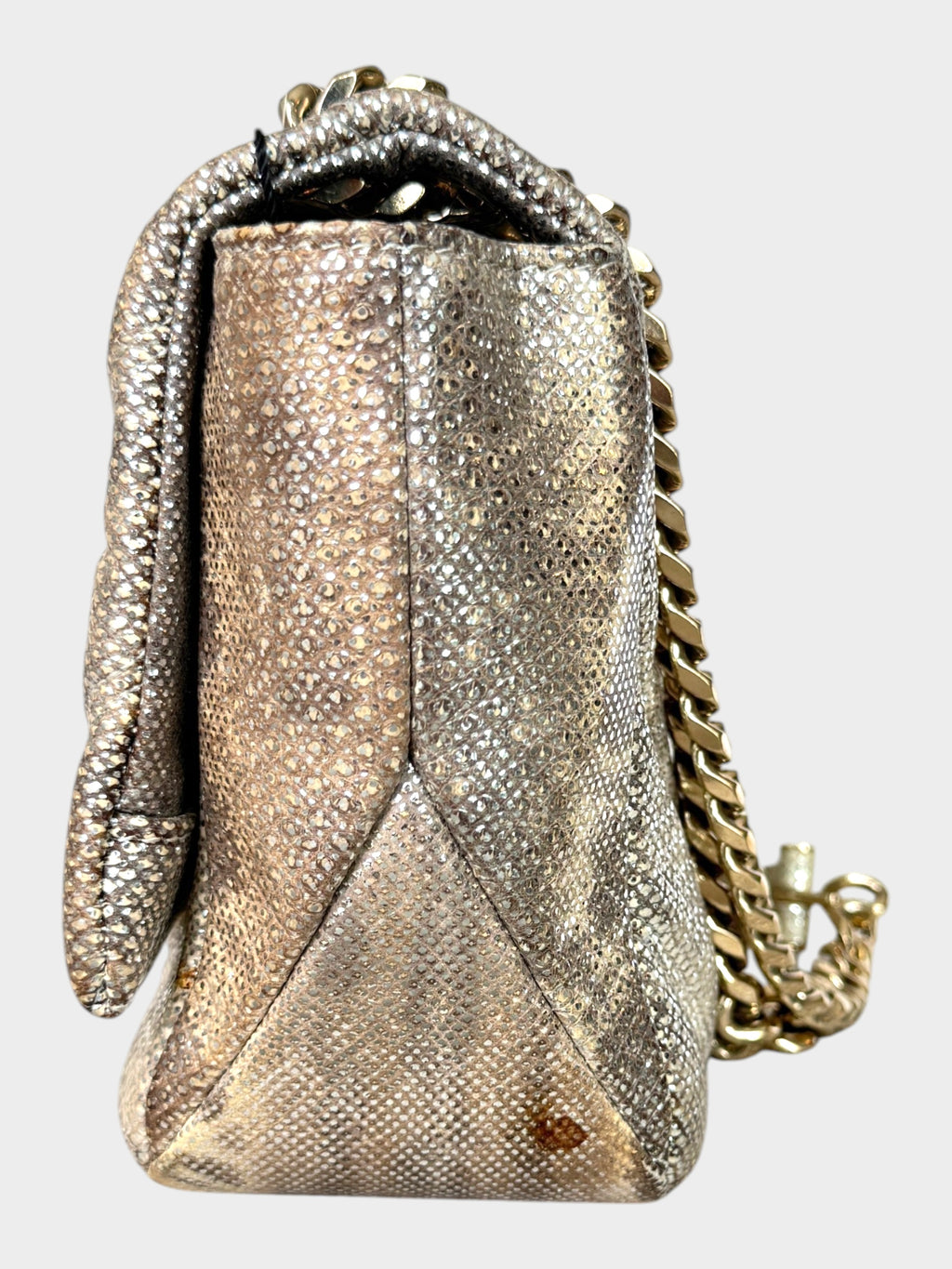 Lula and Mimi Bvlgari Serpenti Cabochon small shoulder bag in metallic Milky Opal Beige karung skin, side view