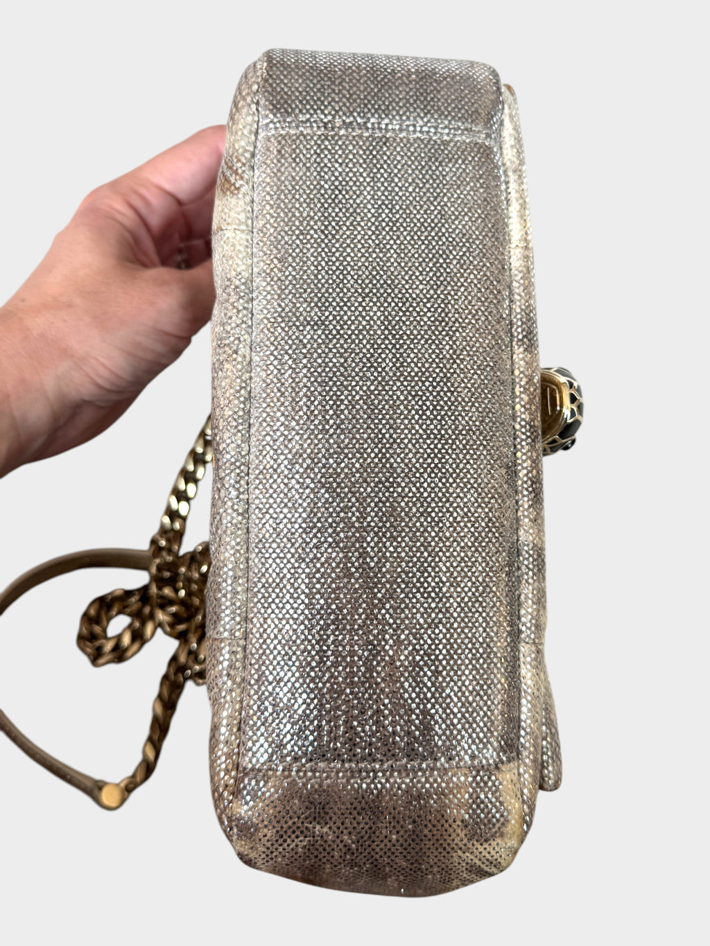 Lula and Mimi Bvlgari Serpenti Cabochon small shoulder bag in metallic Milky Opal Beige karung skin, side view