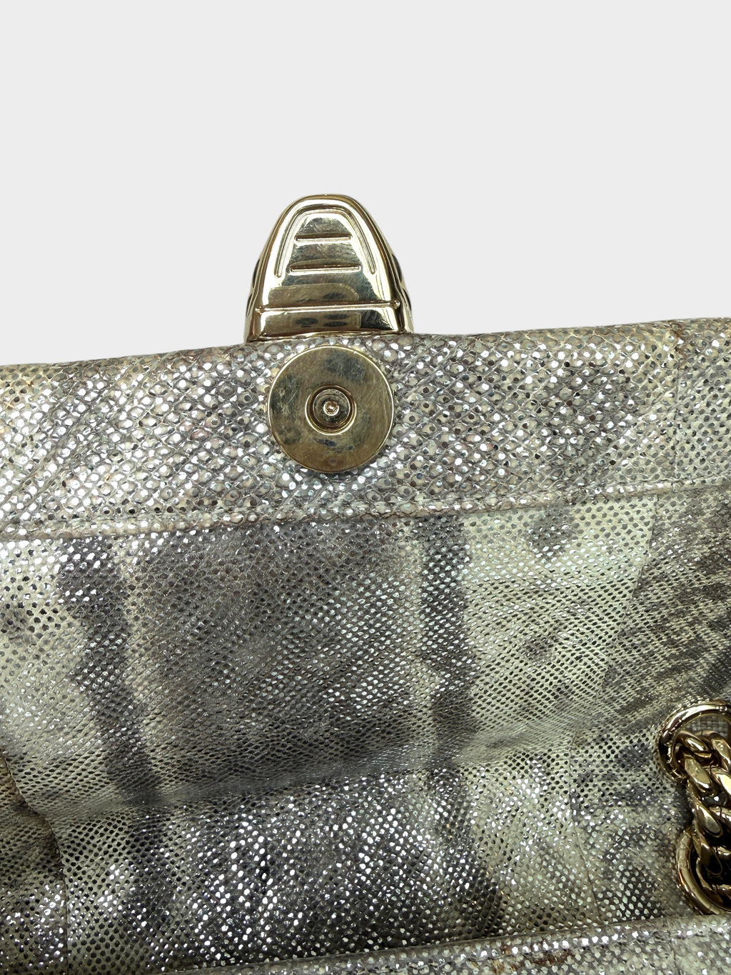 Lula and Mimi Bvlgari Serpenti Cabochon bag in metallic Milky Opal Beige karung skin with gold-tone hardware detail