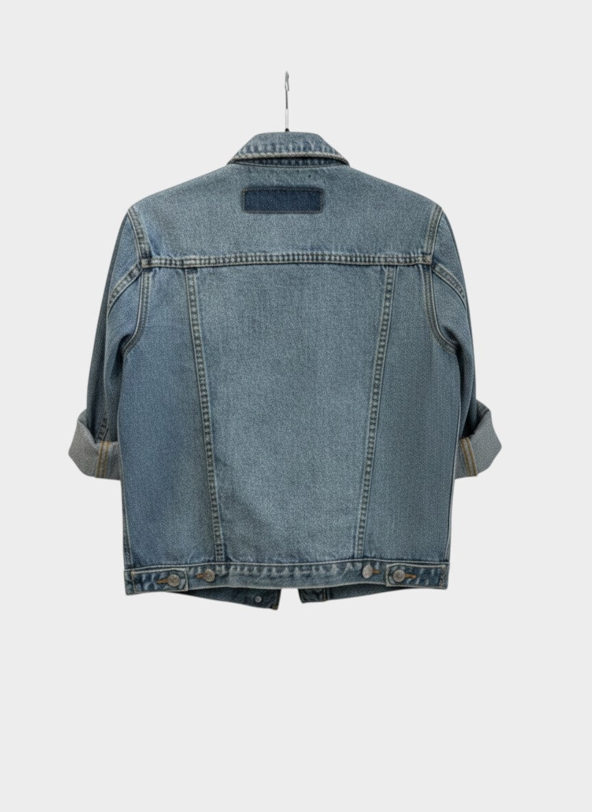 Lula and Mimi Camilla and Marc Sadie oversized blue denim jacket, back view showing distressed cotton denim texture.