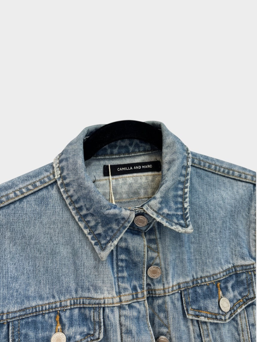 Lula and Mimi Camilla and Marc Sadie oversized mid-wash blue denim jacket with embossed logo buttons and collar detail