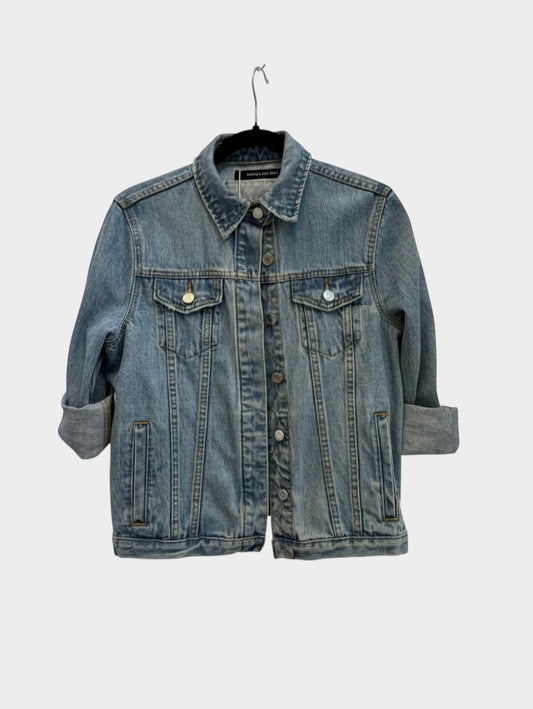 Lula and Mimi Camilla and Marc Sadie oversized mid-wash blue denim jacket with distressed details and turn-up cuffs