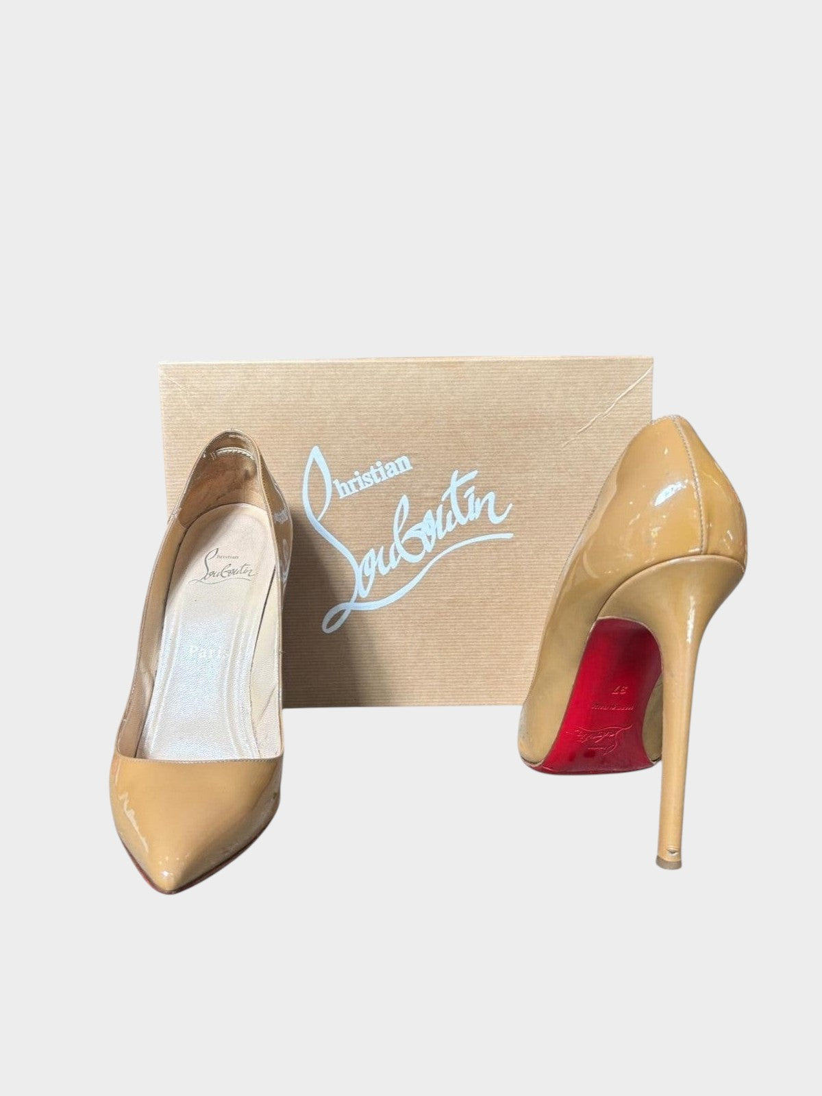 Lula and Mimi Christian Louboutin Pigalle 120mm nude patent leather heels with iconic red soles and original box