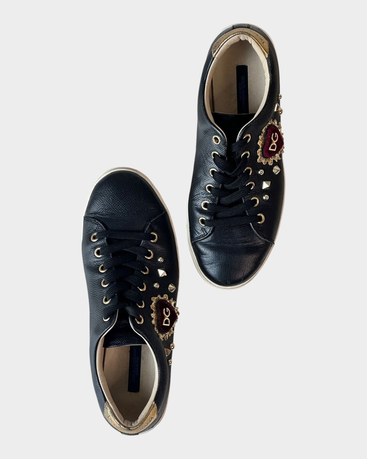 Lula and Mimi Dolce & Gabbana Portofino black leather sneakers with sequined heart patch and gold stud details