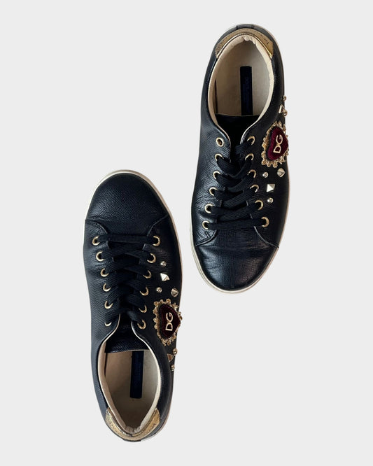 Lula and Mimi Dolce & Gabbana Portofino black leather sneakers with sequined heart patch and gold stud details
