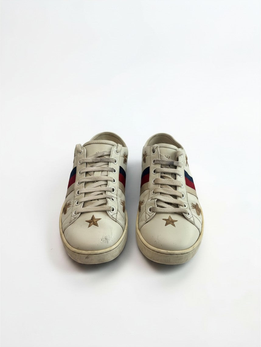Lula and Mimi Gucci Ace white leather sneakers with gold bee and star embroidery and signature Sylvie web stripe