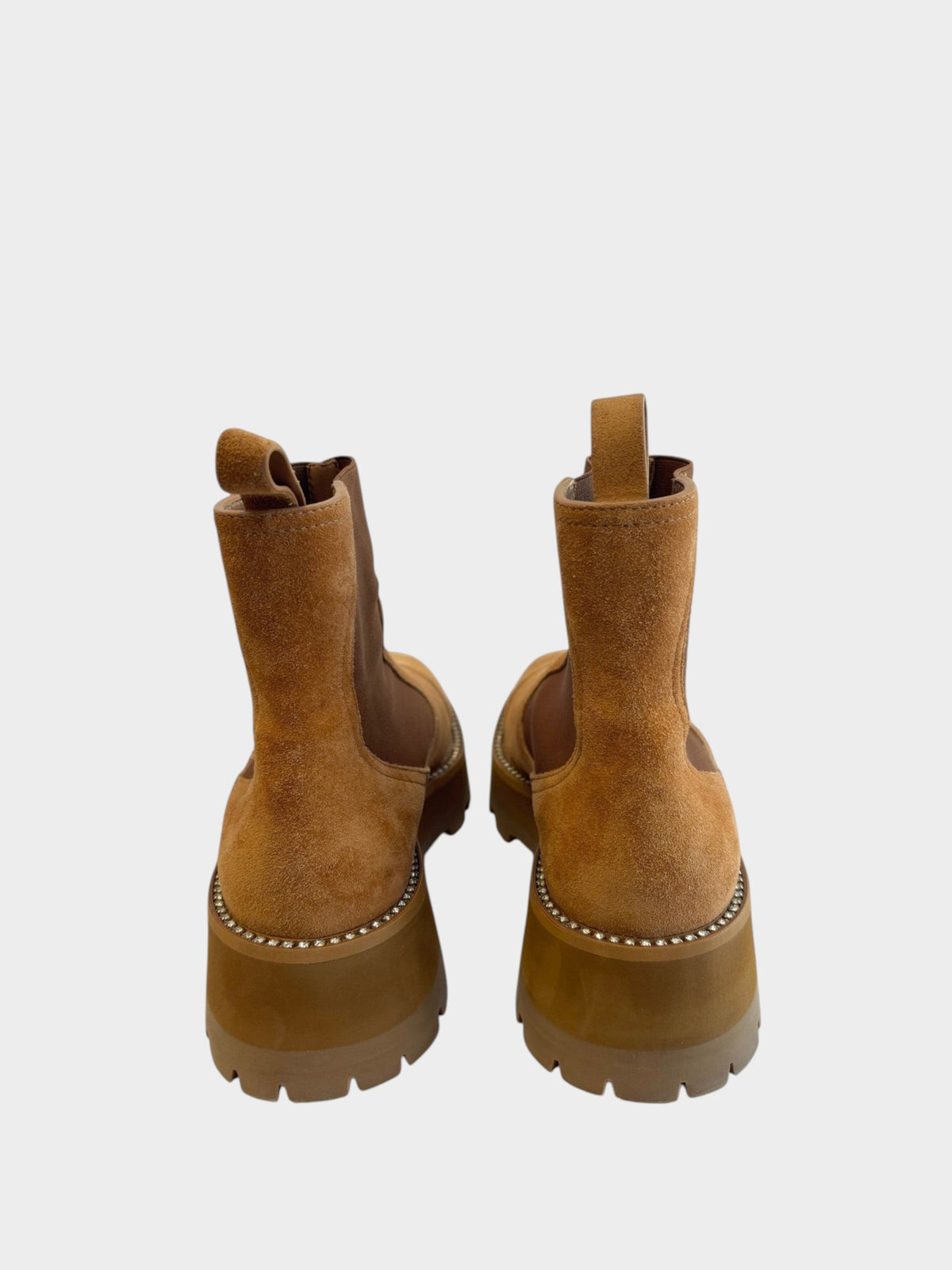 Lula and Mimi Jimmy Choo Clayton caramel suede Chelsea boots with crystal-embellished welt and chunky lug soles
