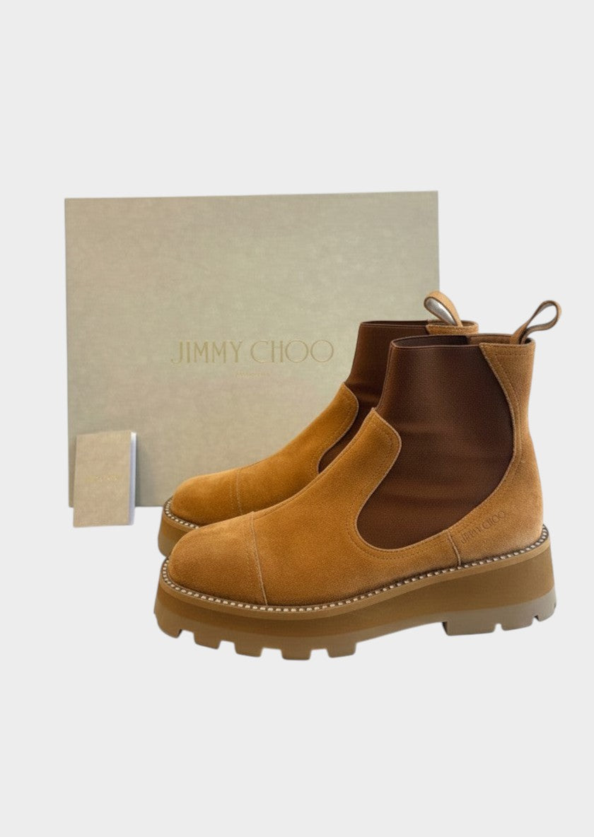 Lula and Mimi Jimmy Choo Clayton caramel suede Chelsea boots with crystal-embellished welt and chunky lug sole
